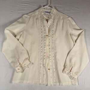 Vintage 70s 80s Alicia Cream Lace Prairie Blouse Made in USA High Neck Victorian